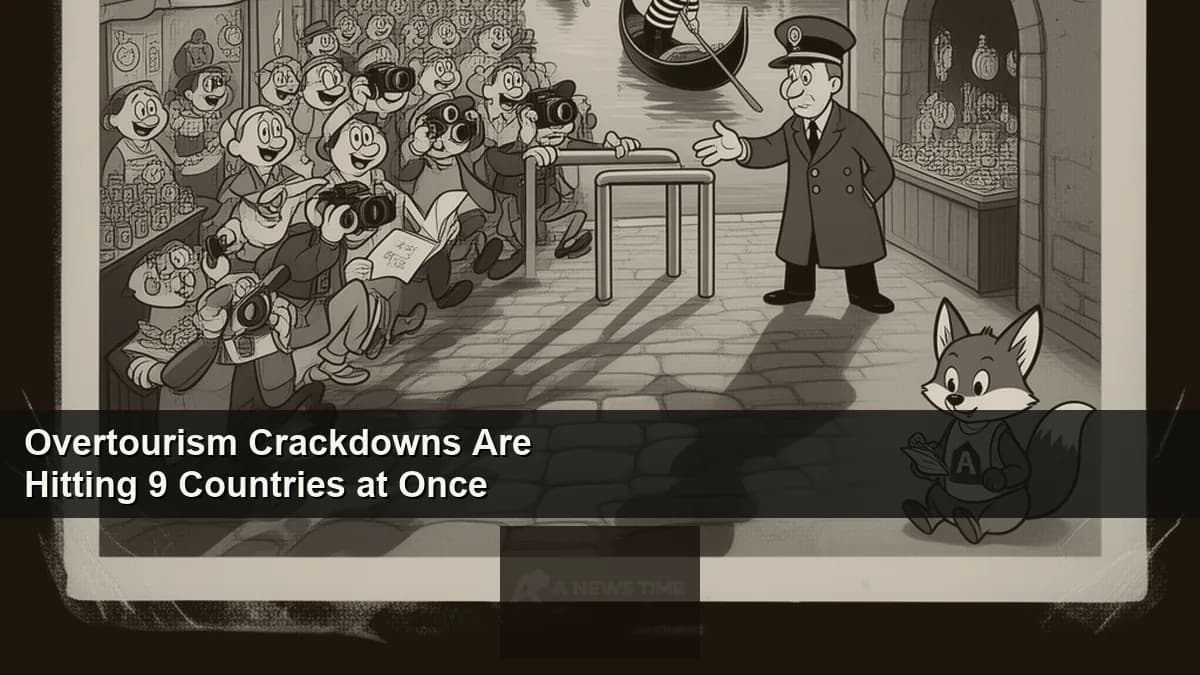 Crowded tourist alley in Venice with canal and gondolas visible between historic buildings