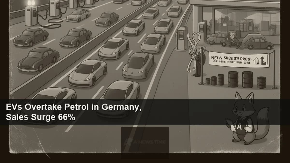 Row of electric vehicles charging at German highway service station with wind turbines in background