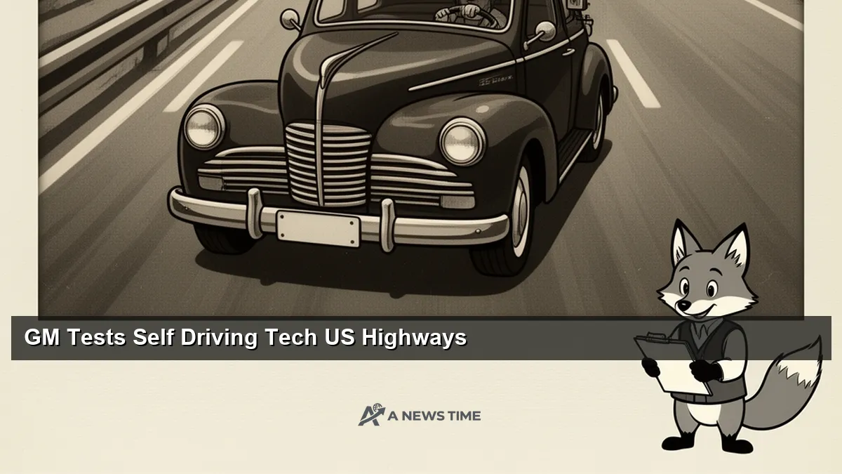 GM autonomous test vehicle with sensor array driving on California highway at sunset