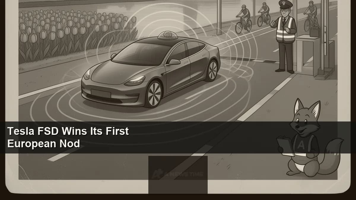 Tesla Model Y driving on a Dutch highway with autonomous driving sensor visualization overlay