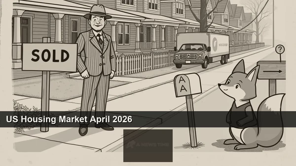 For sale sign in suburban neighborhood with spring 2026 mortgage rate and pending home sales data overlay