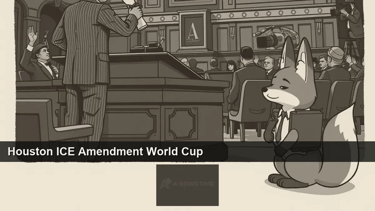 Houston City Hall at dusk with FIFA World Cup 2026 promotional banners visible on nearby venues