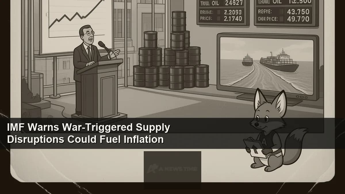 IMF headquarters building in Washington DC with global oil supply disruption chart overlay