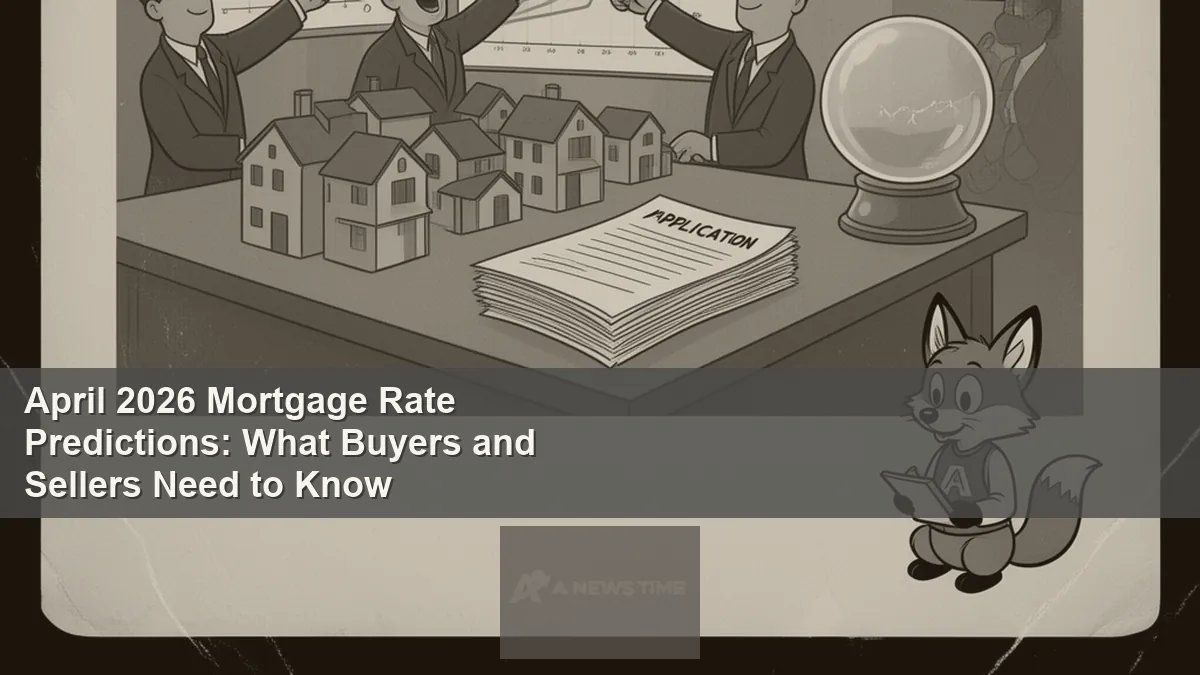 For sale sign in suburban neighborhood with April 2026 mortgage rate forecast overlay