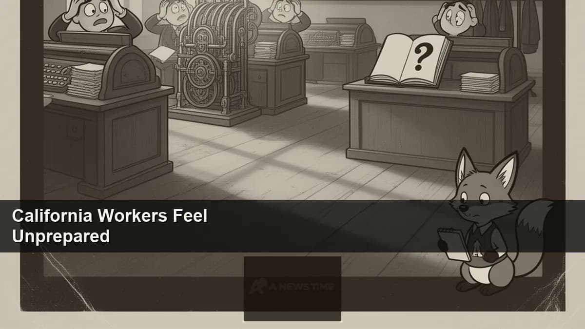 California office workers at desks with anxious expressions and AI software overlay representing workforce skills gap 2026