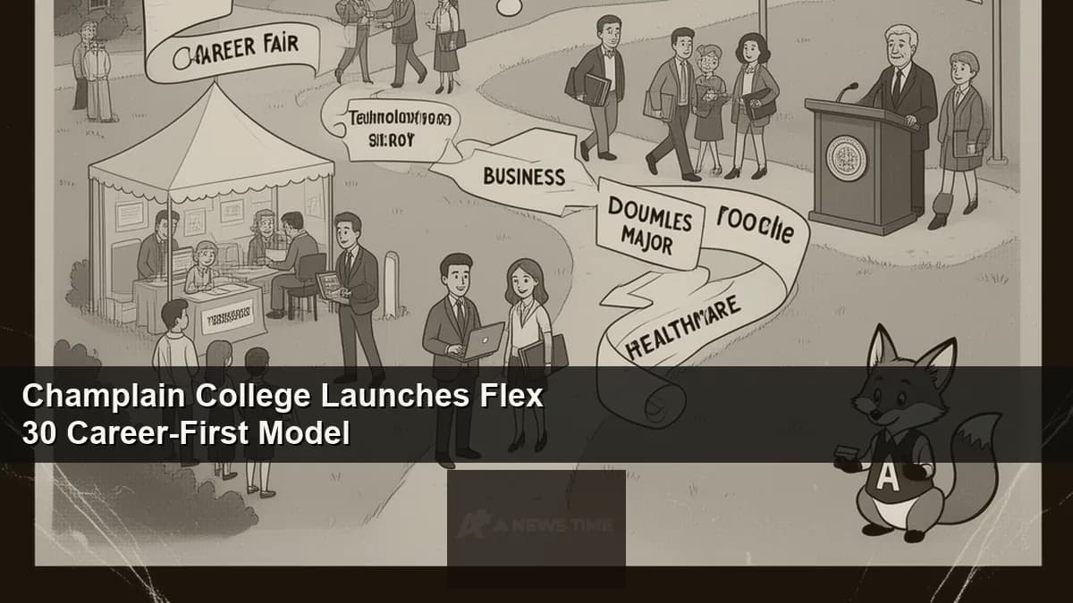 Champlain College Burlington Vermont campus aerial view with Lake Champlain visible behind the academic buildings