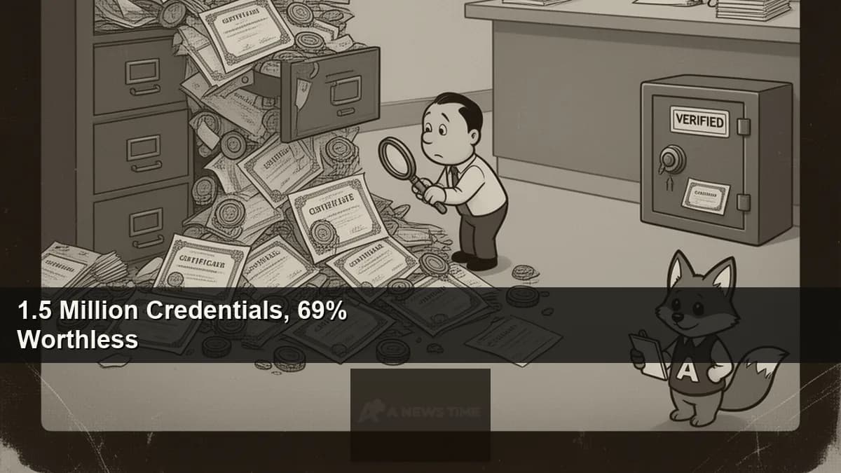 Pile of various professional certificates and digital badges on a wooden desk