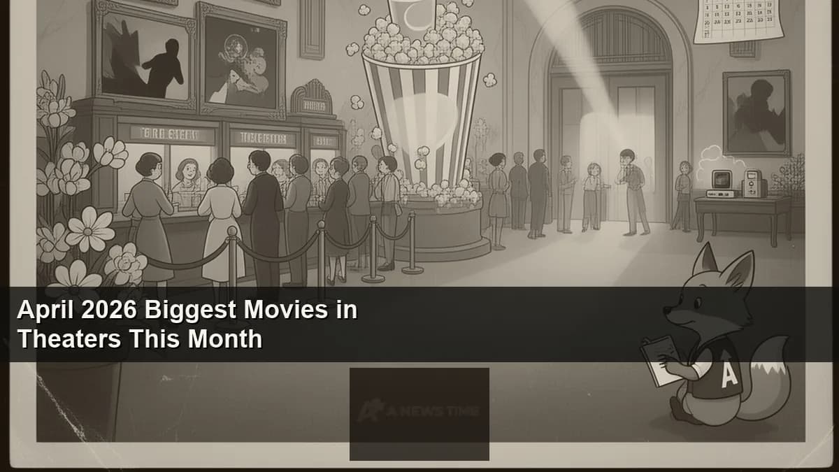 Collage of April 2026 theatrical movie posters displayed outside a busy cinema lobby at night