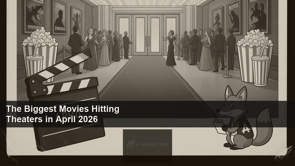 Movie theater marquee displaying multiple April 2026 film titles with audience entering lobby