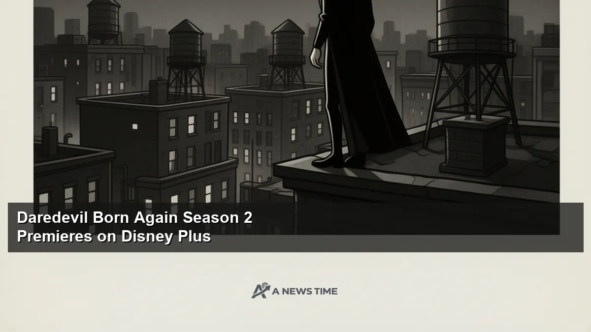 Daredevil character in red suit on rooftop cityscape for Born Again Season 2 premiere