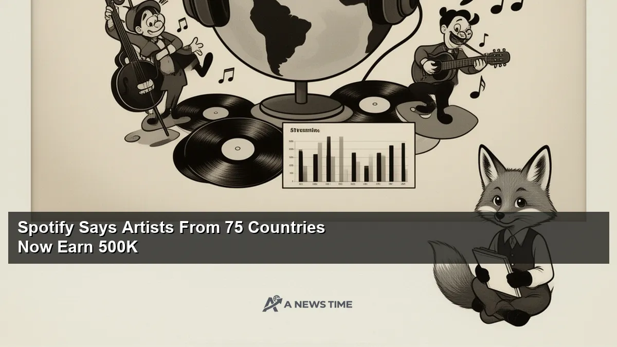 Global map showing Spotify streaming revenue distribution across 75 countries worldwide