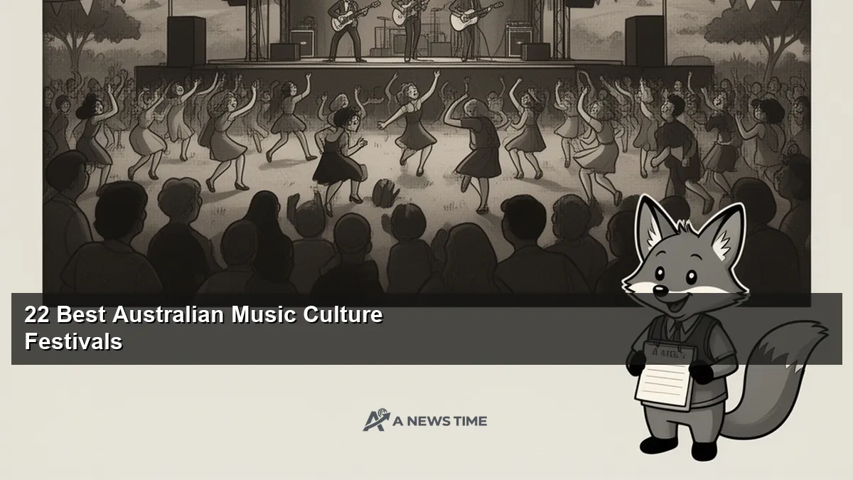 Large outdoor music festival stage in Australia with enthusiastic crowd under evening sky