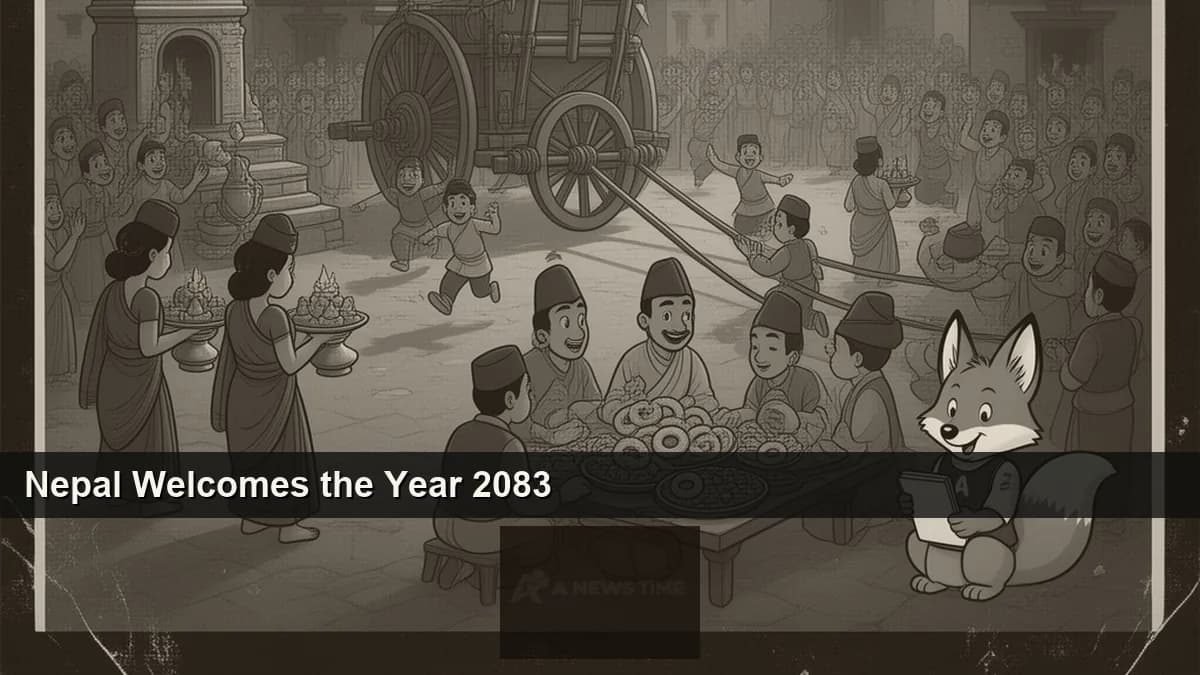 Wooden chariot of Bhairav being pulled by rope teams through Bhaktapur streets during Bisket Jatra festival