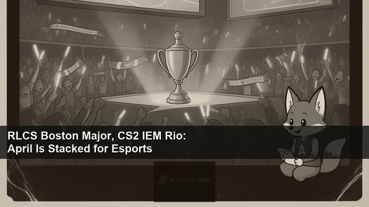 RLCS Boston Major trophy with Gentle Mates esports team celebrating on arena stage