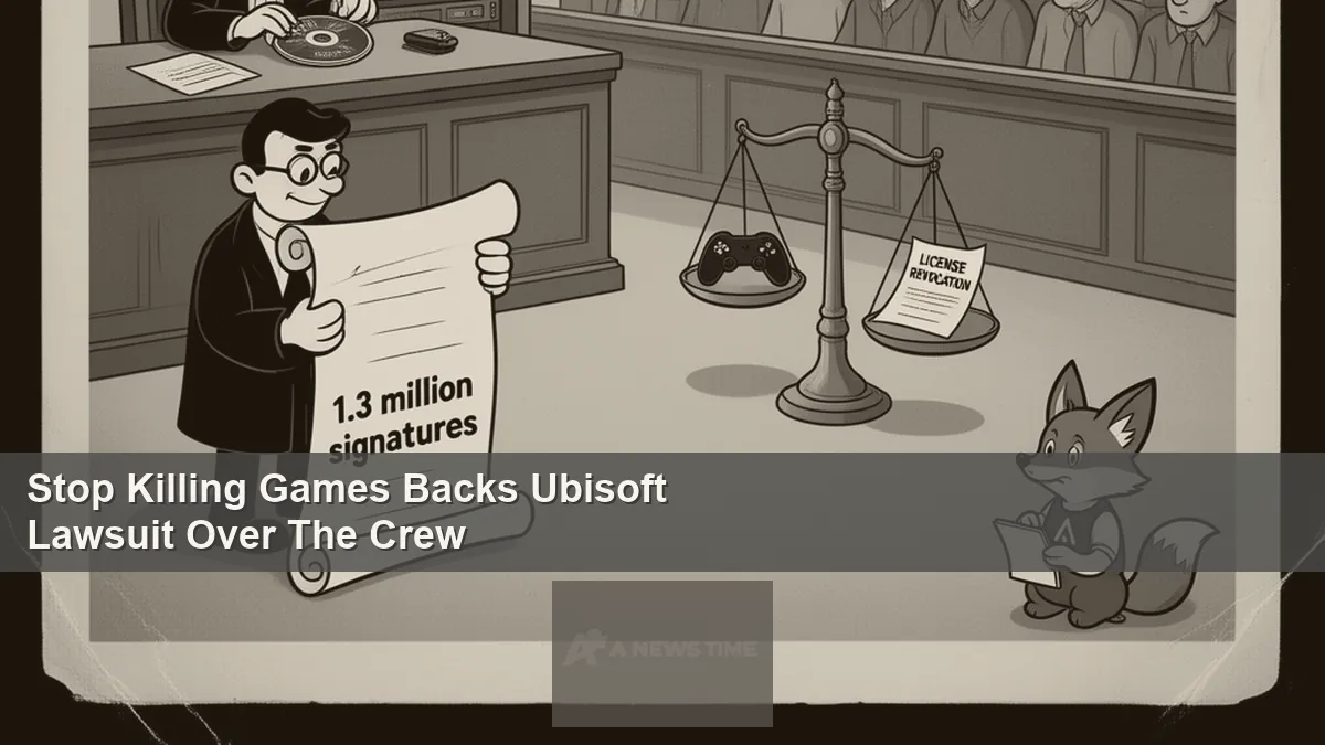 Ubisoft logo on building facade with Stop Killing Games petition banner and EU parliament in background