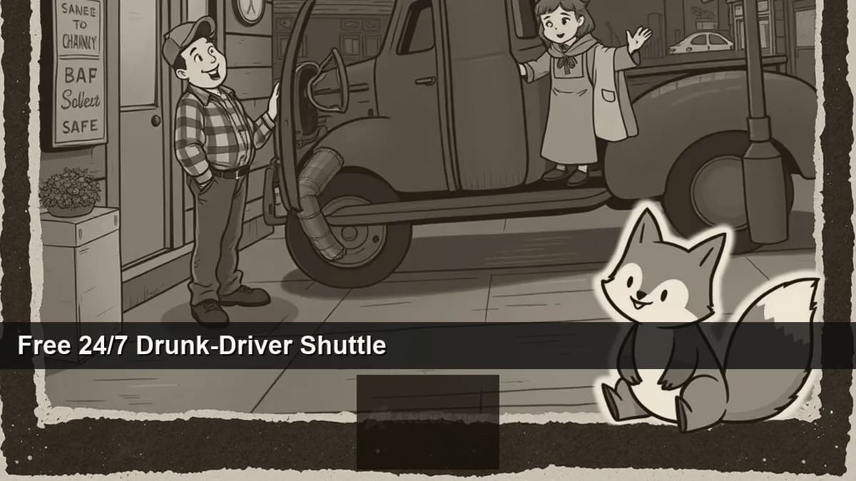 A pickup truck parked outside a rural Montana bar at night with a driver waiting to pick up bar patrons for a free ride home via Big Sky Sobriety Shuttle