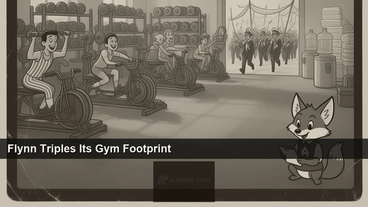 Planet Fitness gym floor with cardio equipment and Flynn Group franchise acquisition signage representing major fitness deal