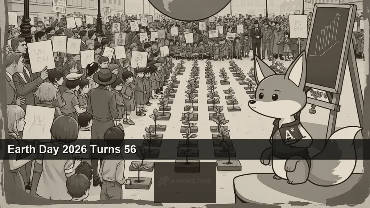 Group of environmental activists and school children planting trees during Earth Day 2026 celebrations with Earth Day banner in background