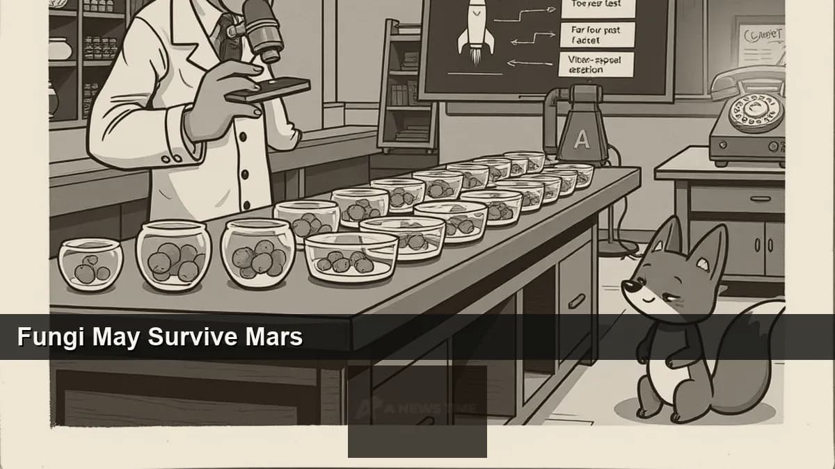 Microscope view of Aspergillus fungi spores alongside a Mars surface backdrop representing the new study on microbial survival in planetary protection research