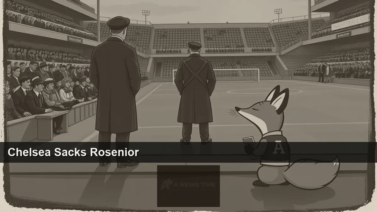 Chelsea FC Stamford Bridge stadium exterior with the club crest and a vacant manager's touchline position