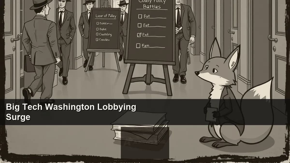 U.S. Capitol building with tech company logos and lobbying disclosure documents overlaid in monochrome