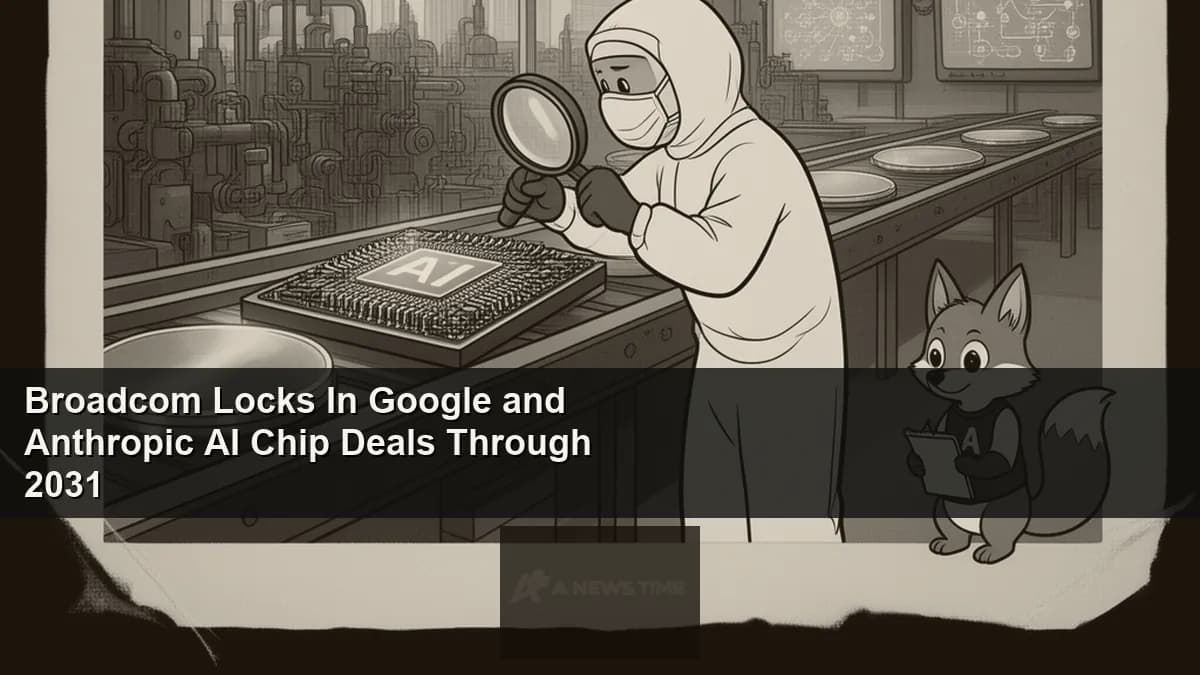 Broadcom semiconductor chip on circuit board with Google and Anthropic logos representing AI deal