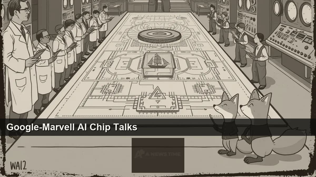 Rendering of two AI accelerator chips on a Google data center motherboard representing the reported Google Marvell TPU and memory processing unit co-design