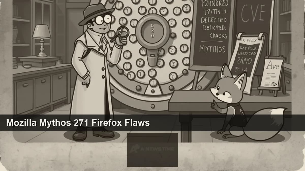 Firefox browser logo with stylized AI security audit dashboard showing 271 patched vulnerabilities and zero-day flag in monochrome