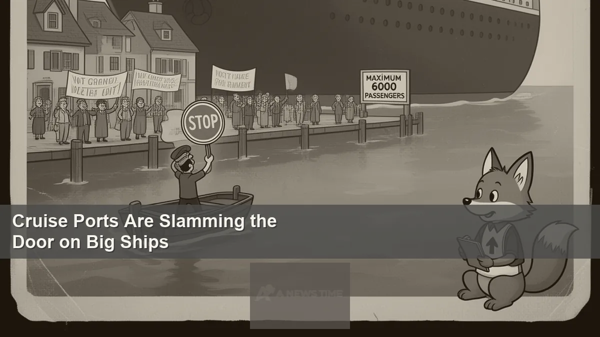 Large cruise ship anchored in bay near coastal town with small local fishing boats in foreground