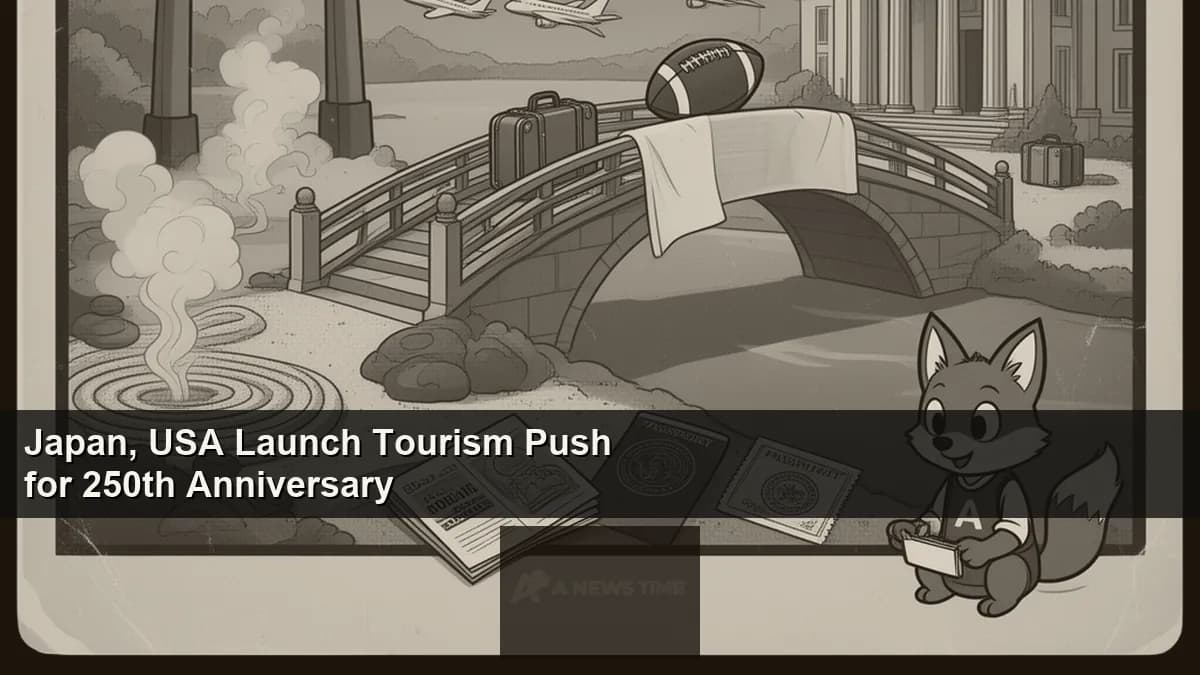 Cherry blossoms framing traditional Japanese torii gate with American and Japanese flags displayed