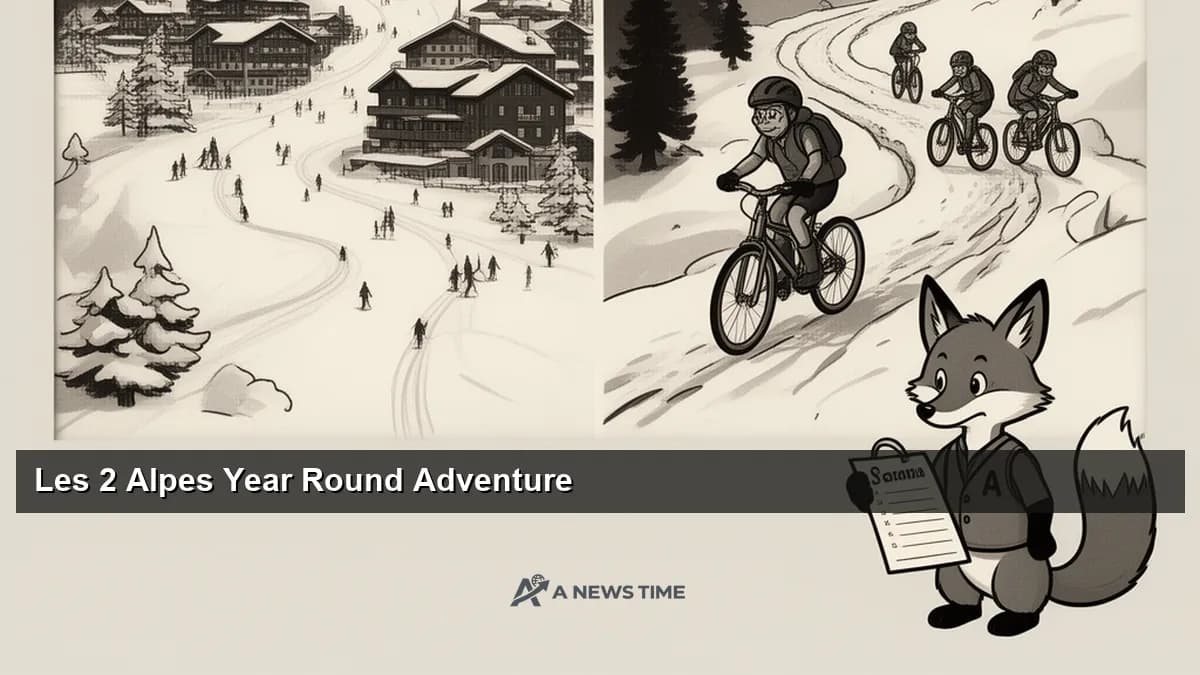 Snow-capped alpine peaks above Les 2 Alpes resort with ski lifts and green valley below