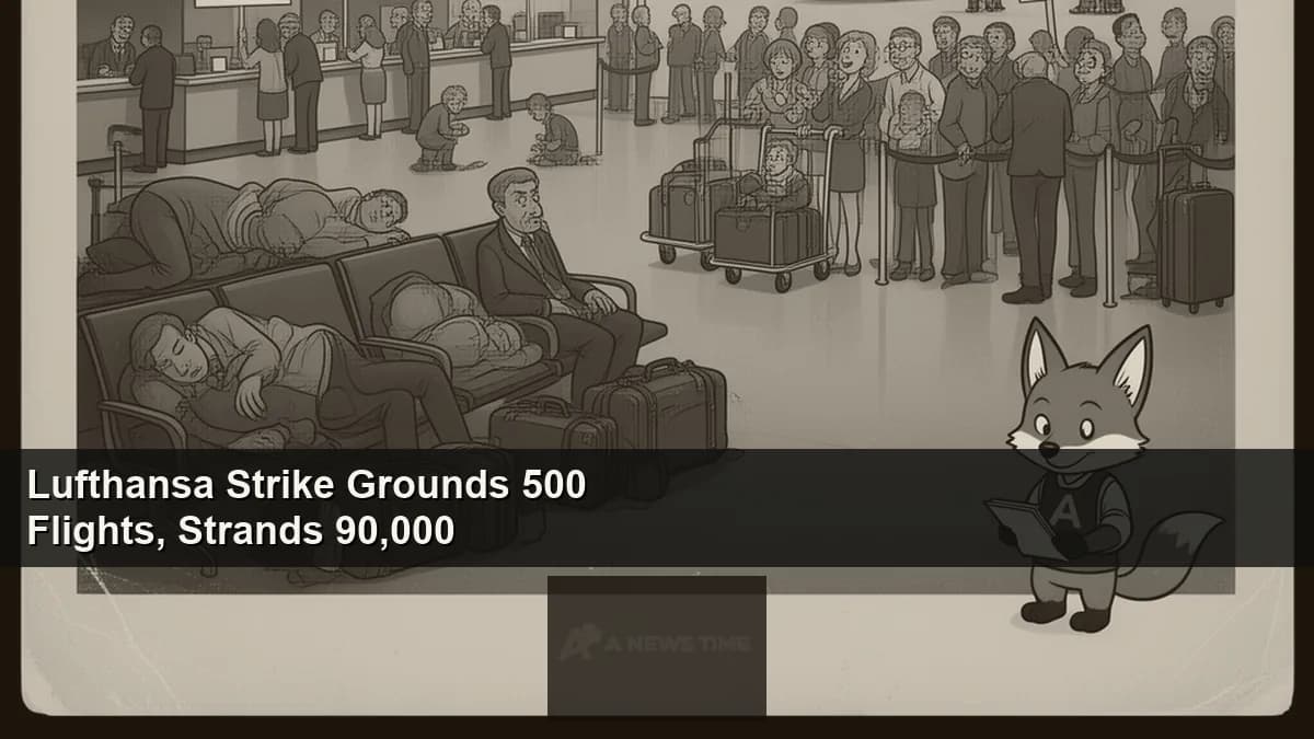 Empty Frankfurt Airport terminal with cancelled flight boards and stranded passengers seated on benches